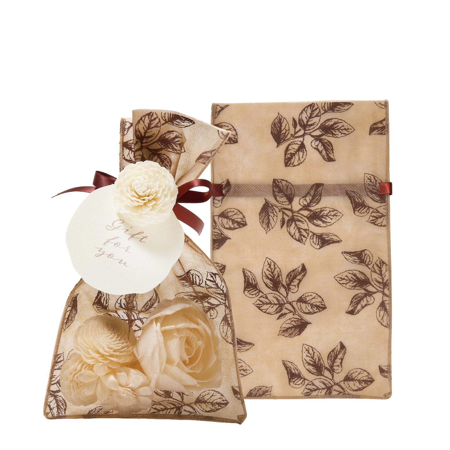 ギフトラッピングセット_不織布オーガンジー_リーフ柄ブラウンS[24×14cm]